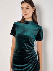 Apricot Green Velvet High Neck Ruched Mini Dress - Image 4 of 4