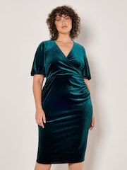 Apricot Green Velvet Ruched Waist Midi Dress - Image 2 of 5