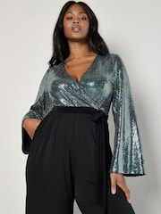 Apricot Black Mirror Sequin Contrast Jumpsuit - Image 1 of 5