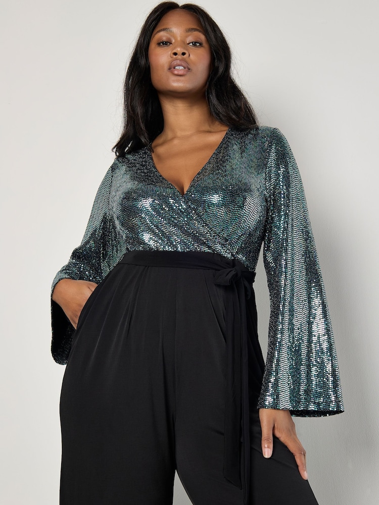 Apricot Black Mirror Sequin Contrast Jumpsuit - Image 1 of 5