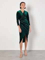 Apricot Green Glitter Velvet Ruched Midi Dress - Image 1 of 4