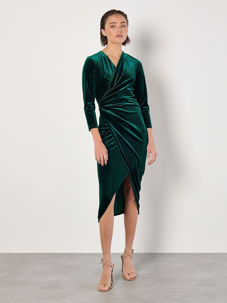 Apricot Green Glitter Velvet Ruched Midi Dress - Image 1 of 4