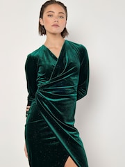 Apricot Green Glitter Velvet Ruched Midi Dress - Image 3 of 4