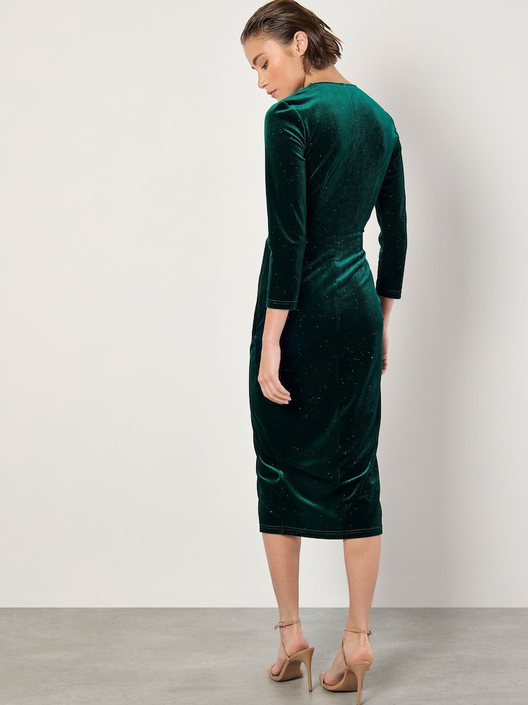 Apricot Green Glitter Velvet Ruched Midi Dress - Image 4 of 4