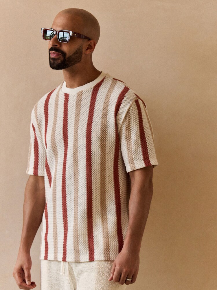 Red/White Textured Vertical Stripe T-Shirt - Image 1 of 10