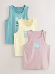 Blue/Pink/Yellow Graphic Print 100% Cotton Vests 3 Pack - Image 1 of 6