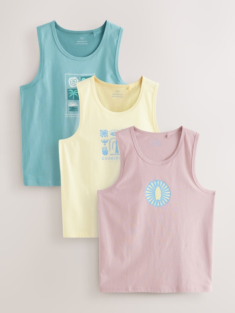 Blue/Pink/Yellow Graphic Print 100% Cotton Vests 3 Pack - Image 1 of 6