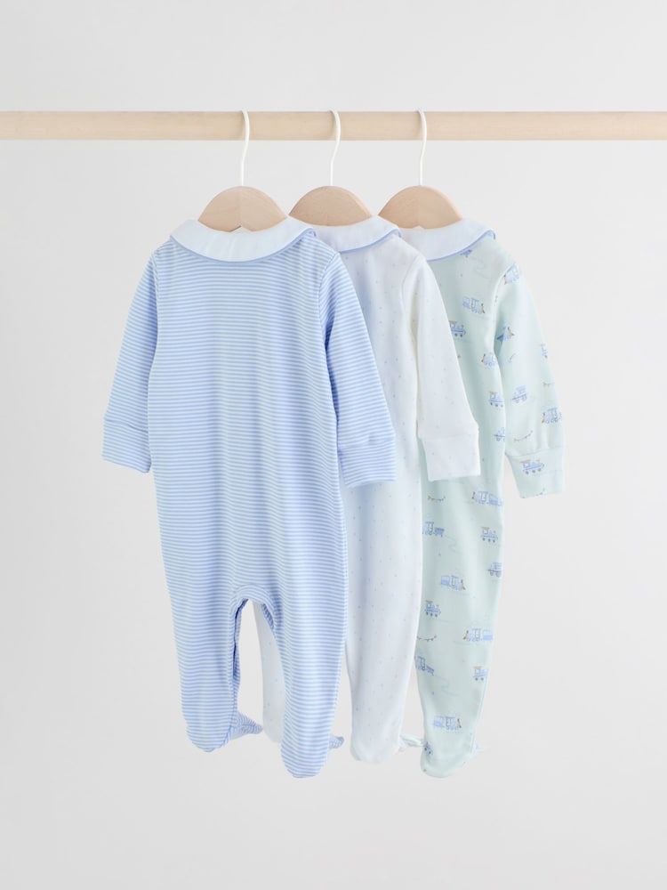 White/Blue Baby Embroidered Sleepsuits 3 Pack - Image 2 of 14