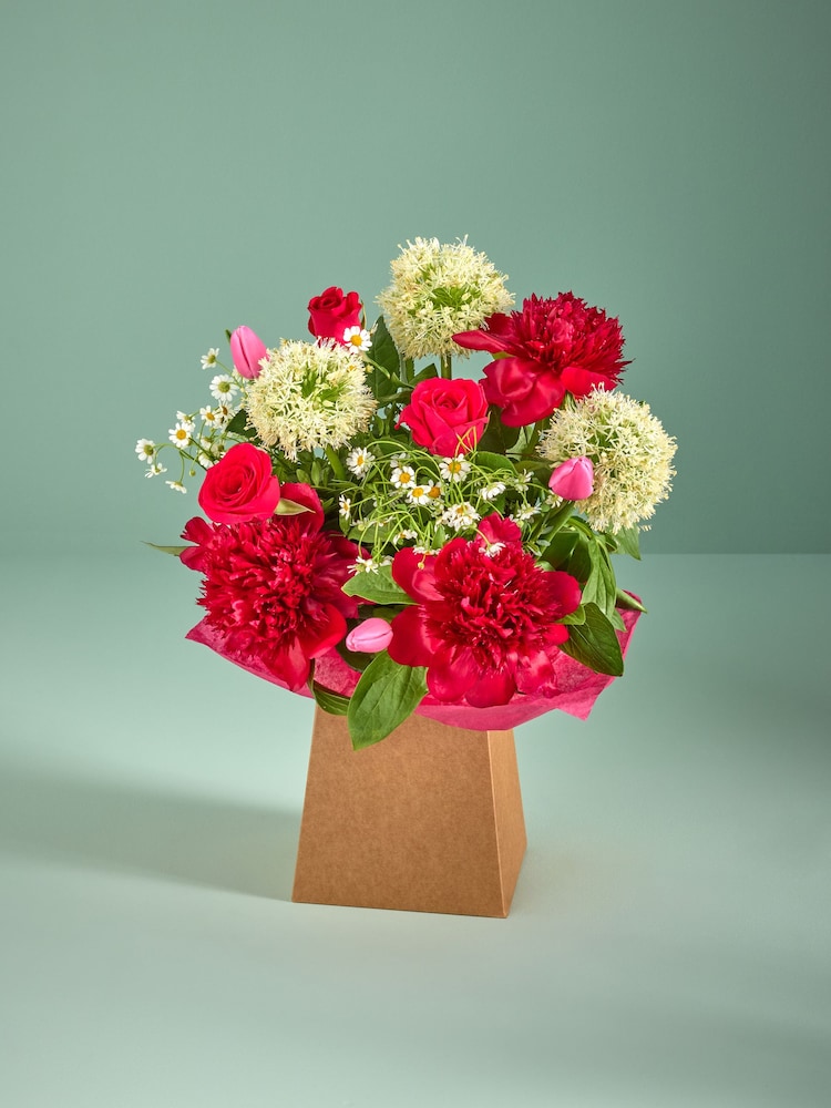 Red Peony and Rose Fresh Flower Bouquet in Gift Bag - Image 1 of 4