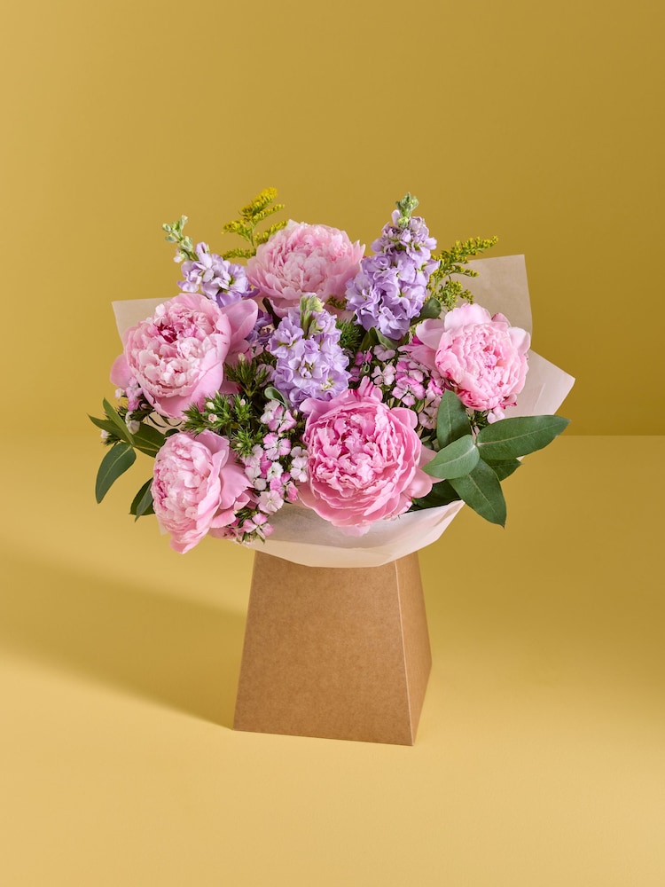Pink Peony and Mathiola Fresh Flower Bouquet in Gift Bag - Image 1 of 4