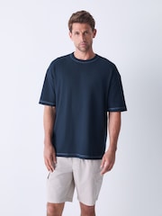 Blue Contrast Stitch Textured T-Shirt - Image 1 of 8