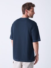Blue Contrast Stitch Textured T-Shirt - Image 3 of 8