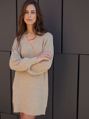 Threadbare Natural V-Neck Knitted Jumper Dress - Image 1 of 4