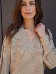 Threadbare Natural V-Neck Knitted Jumper Dress - Image 4 of 4