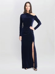 Gina Bacconi Blue Tess Velvet Off Shoulder Dress - Image 1 of 6