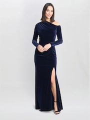Gina Bacconi Blue Tess Velvet Off Shoulder Dress - Image 3 of 6