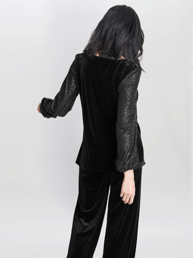Gina Bacconi Ines Velvet Black Blouse With Illusion Bubble Sleeves - Image 2 of 6 Gina Bacconi Ines Velvet Black Blouse With Illusion Bubble Sleeves - Image 2 of 6