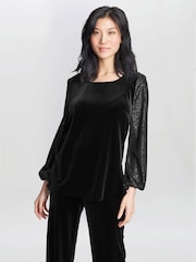 Gina Bacconi Ines Velvet Black Blouse With Illusion Bubble Sleeves - Image 5 of 6