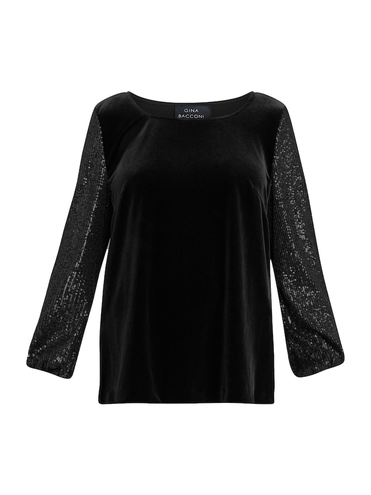 Gina Bacconi Ines Velvet Black Blouse With Illusion Bubble Sleeves - Image 6 of 6 Gina Bacconi Ines Velvet Black Blouse With Illusion Bubble Sleeves - Image 6 of 6