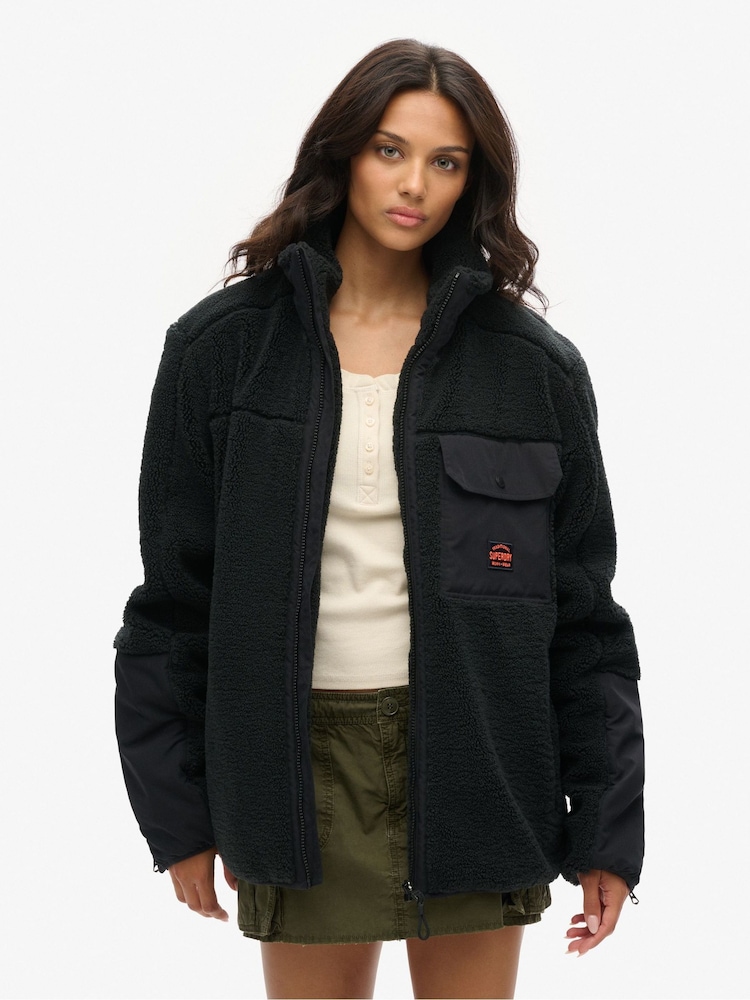 Superdry Black Oversized Expedition Borg Hybrid Jacket - Image 1 of 4