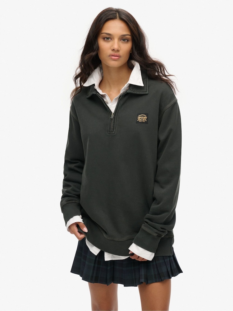 Superdry Black Oversized Contrast 100% Cotton Stitch Half Zip Top - Image 1 of 6