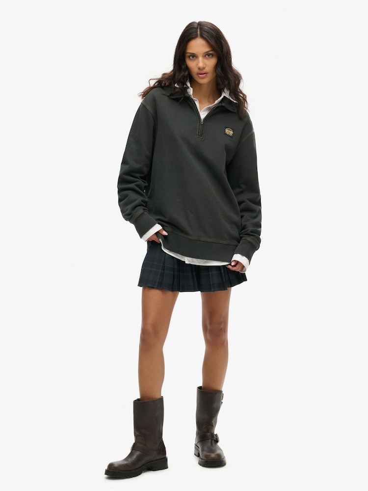 Superdry Black Oversized Contrast 100% Cotton Stitch Half Zip Top - Image 2 of 6