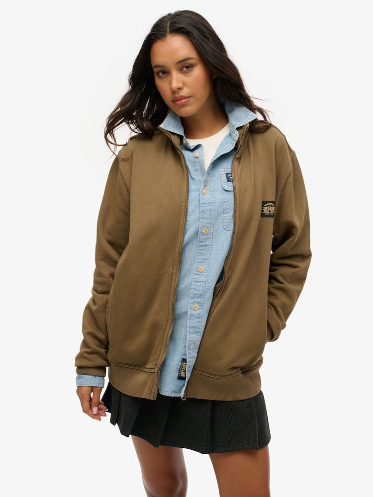 Superdry Brown Oversized 100% Cotton Contrast Stitch Track Jacket - Image 1 of 3