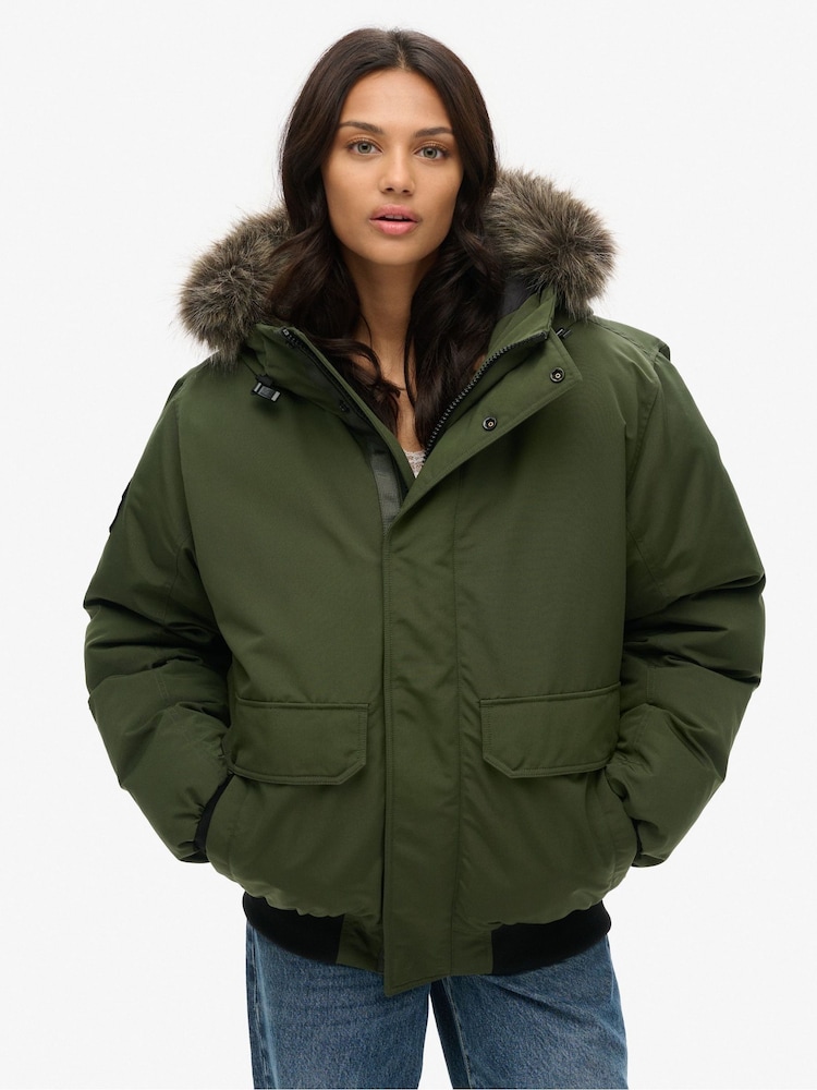 Superdry Green Oversized 100% Cotton Everest Faux Fur Bomber Jacket - Image 1 of 2 Superdry Green Oversized 100% Cotton Everest Faux Fur Bomber Jacket - Image 1 of 2