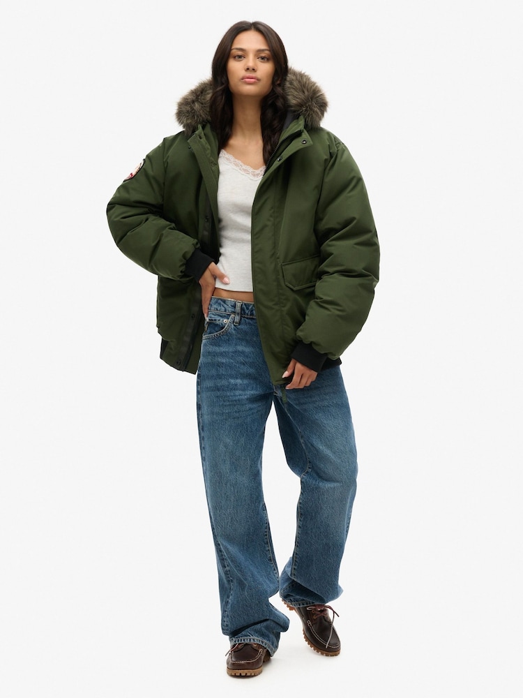 Superdry Green Oversized 100% Cotton Everest Faux Fur Bomber Jacket - Image 2 of 2 Superdry Green Oversized 100% Cotton Everest Faux Fur Bomber Jacket - Image 2 of 2
