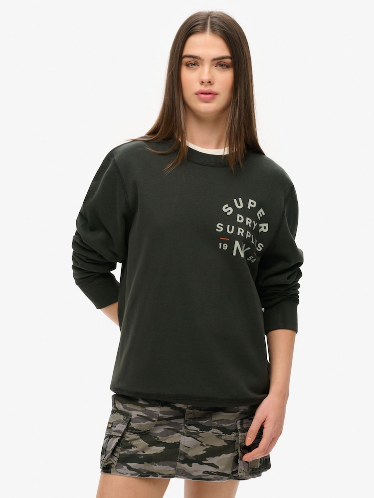 Superdry Black Oversized Surplus 100% Cotton Graphic Crew Sweatshirt - Image 1 of 6