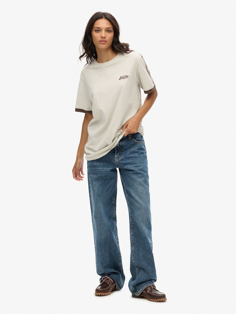 Superdry Grey Oversized Essential Logo Retro Striped 100% Organic Cotton T-Shirt - Image 2 of 6