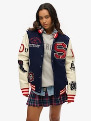 Superdry Blue Oversized College Varsity Patched Bomber Jacket - Image 1 of 3