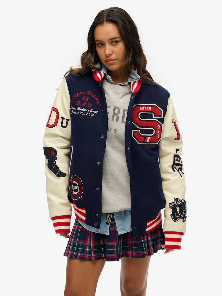 Superdry Blue Oversized College Varsity Patched Bomber Jacket - Image 1 of 3