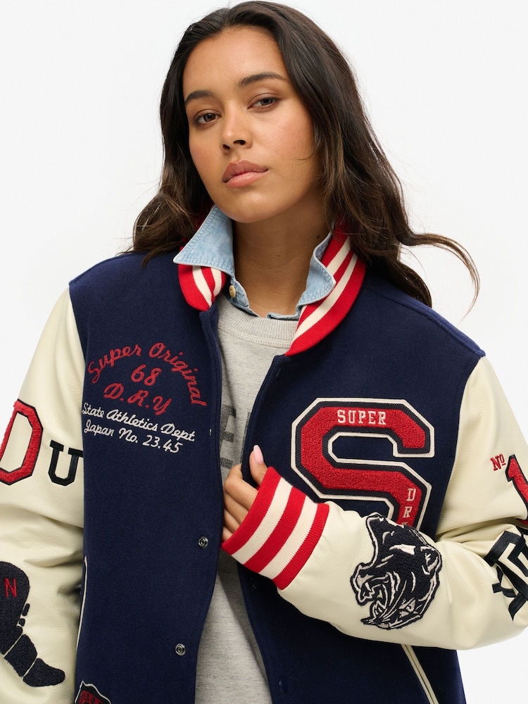 Superdry Blue Oversized College Varsity Patched Bomber Jacket - Image 3 of 3