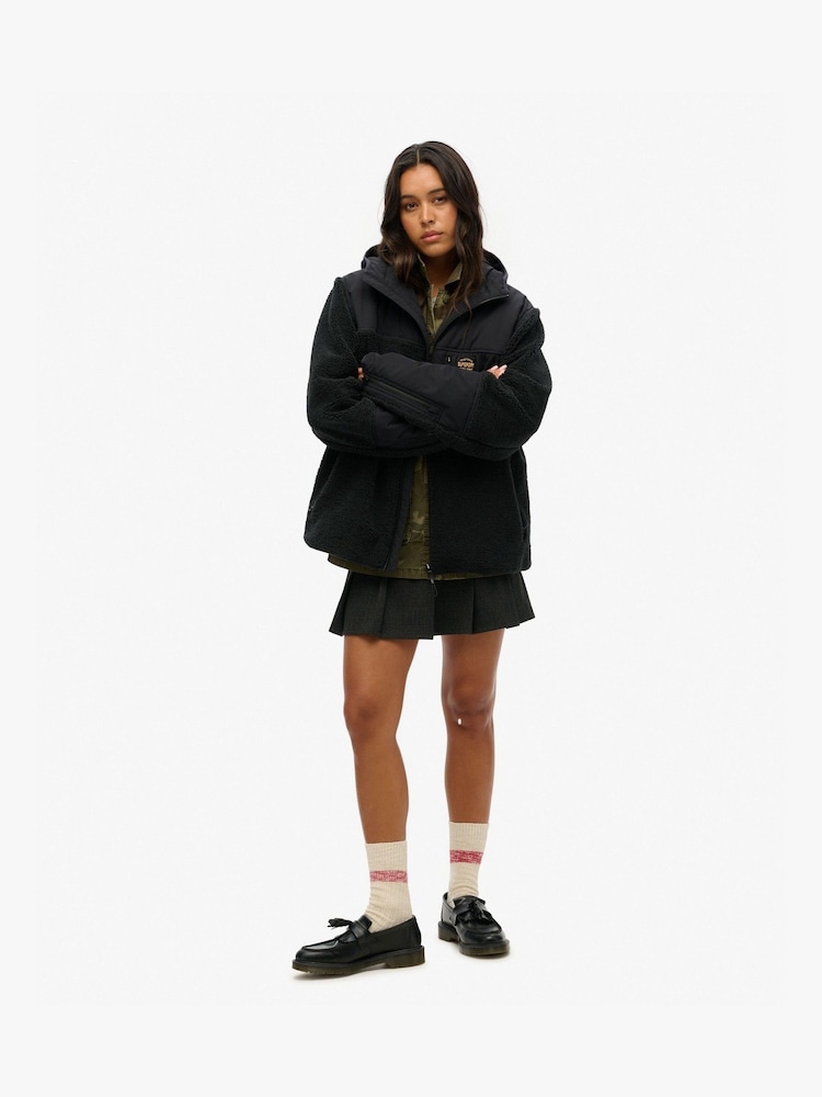 Superdry Black Black Oversized Hood Expedition Fleece Hybrid Jacket - Image 1 of 4