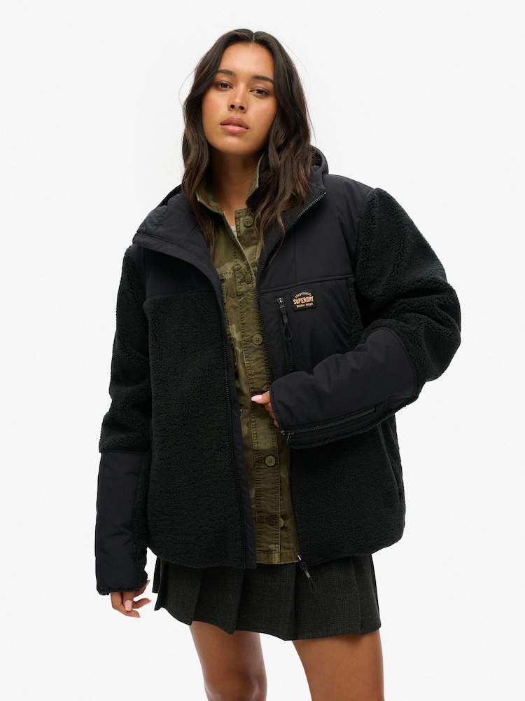 Superdry Black Black Oversized Hood Expedition Fleece Hybrid Jacket - Image 2 of 4