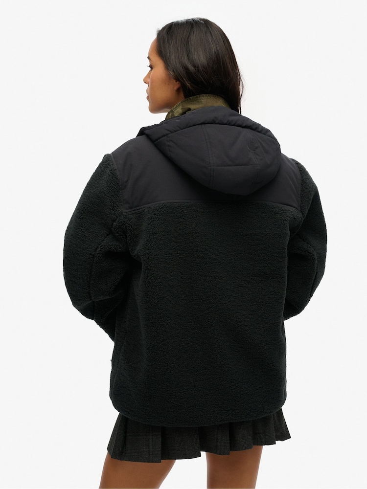 Superdry Black Black Oversized Hood Expedition Fleece Hybrid Jacket - Image 3 of 4