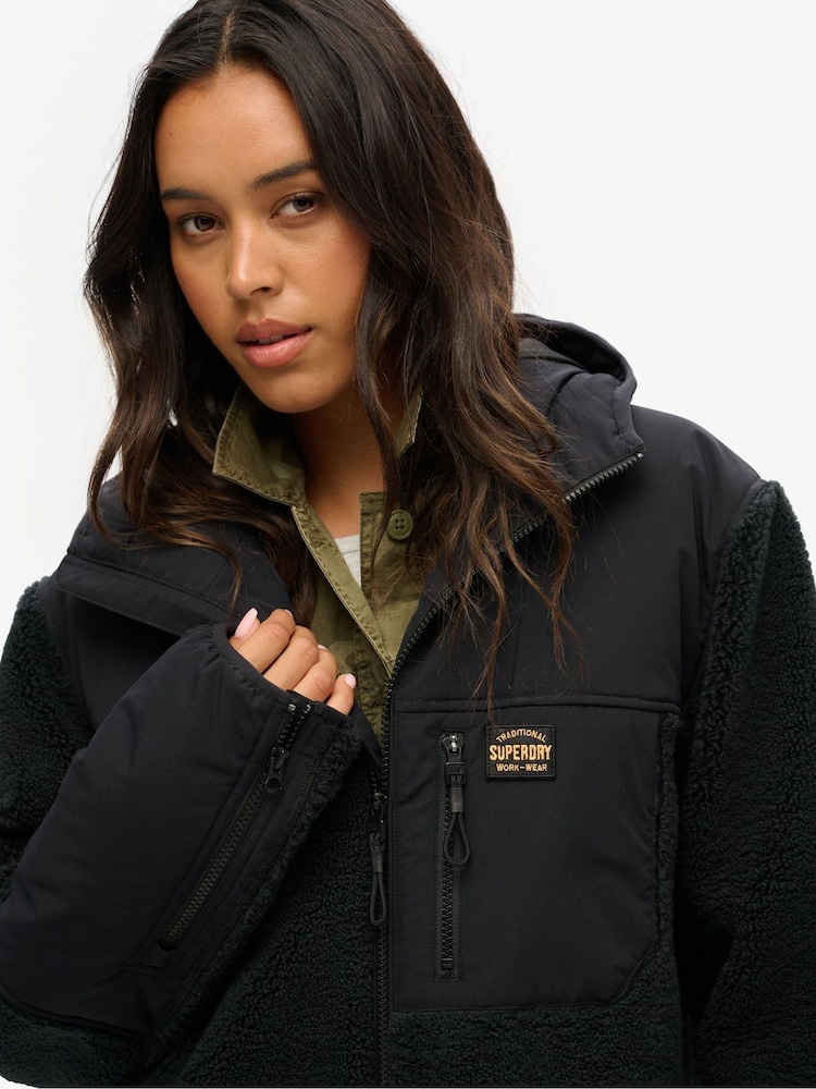 Superdry Black Black Oversized Hood Expedition Fleece Hybrid Jacket - Image 4 of 4