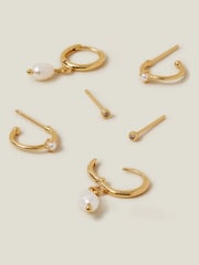 Accessorize Cream 14ct Gold Plated Pearl and Stud Hoop Earrings 3 Pack - Image 1 of 2