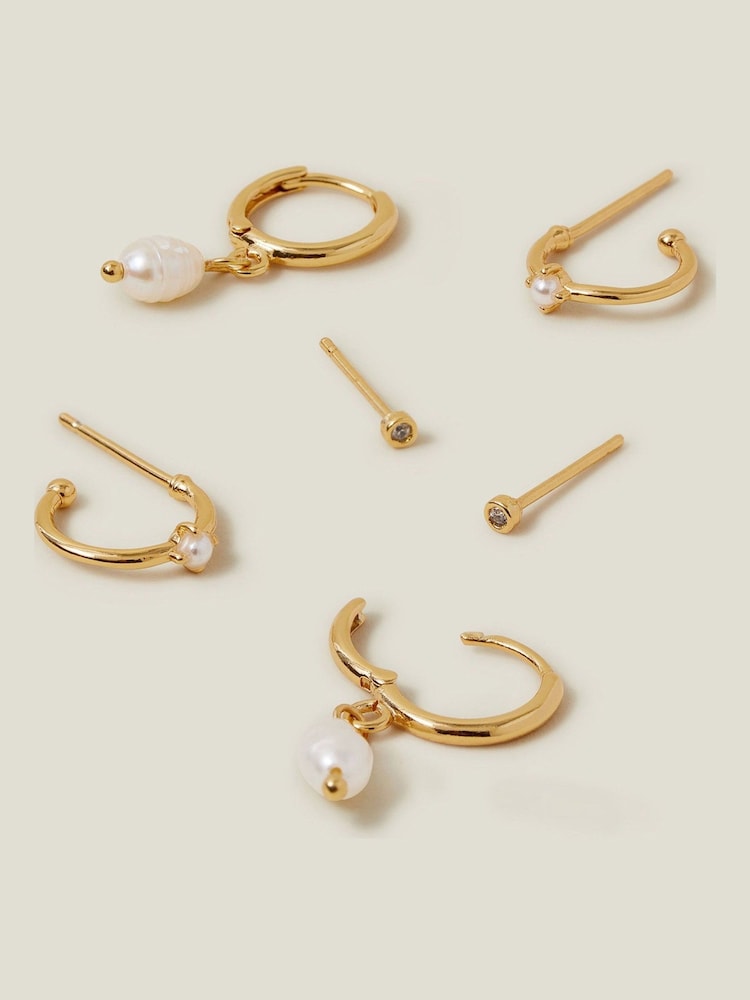 Accessorize Cream 14ct Gold Plated Pearl and Stud Hoop Earrings 3 Pack - Image 1 of 2
