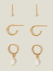 Accessorize Cream 14ct Gold Plated Pearl and Stud Hoop Earrings 3 Pack - Image 2 of 2