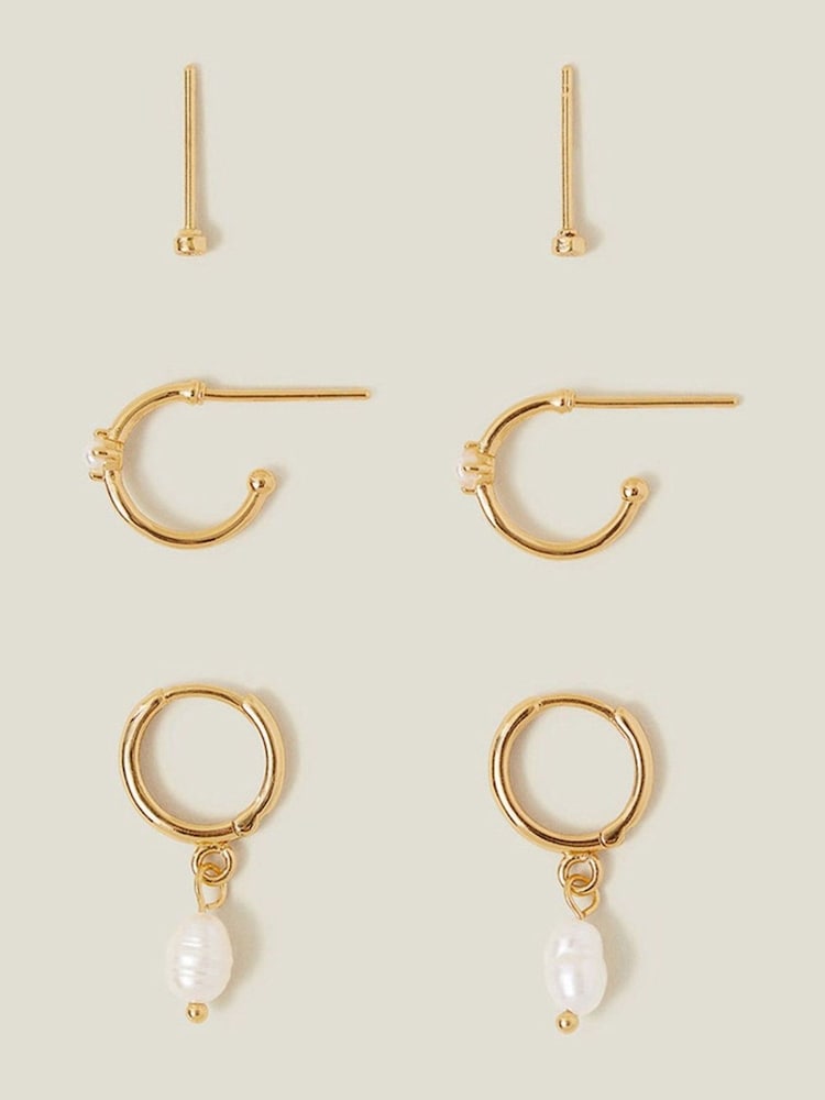 Accessorize Cream 14ct Gold Plated Pearl and Stud Hoop Earrings 3 Pack - Image 2 of 2
