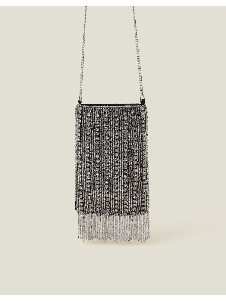 Accessorize Silver Diamante Bead Fringe Phone Bag - Image 1 of 5 Accessorize Silver Diamante Bead Fringe Phone Bag - Image 1 of 5