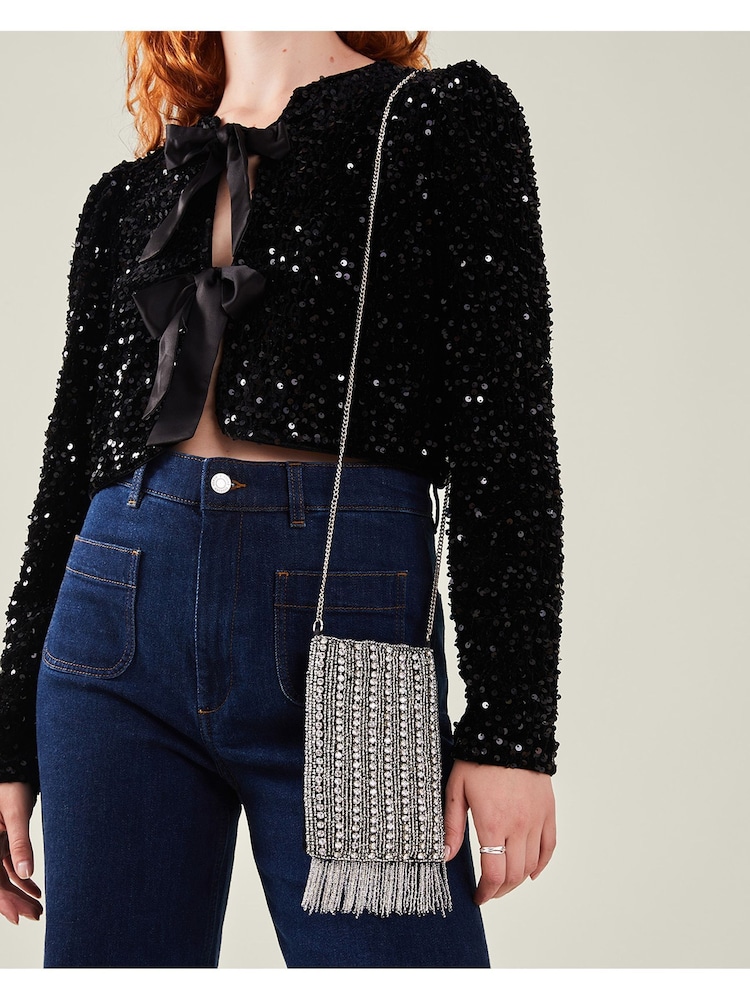 Accessorize Silver Diamante Bead Fringe Phone Bag - Image 5 of 5 Accessorize Silver Diamante Bead Fringe Phone Bag - Image 5 of 5