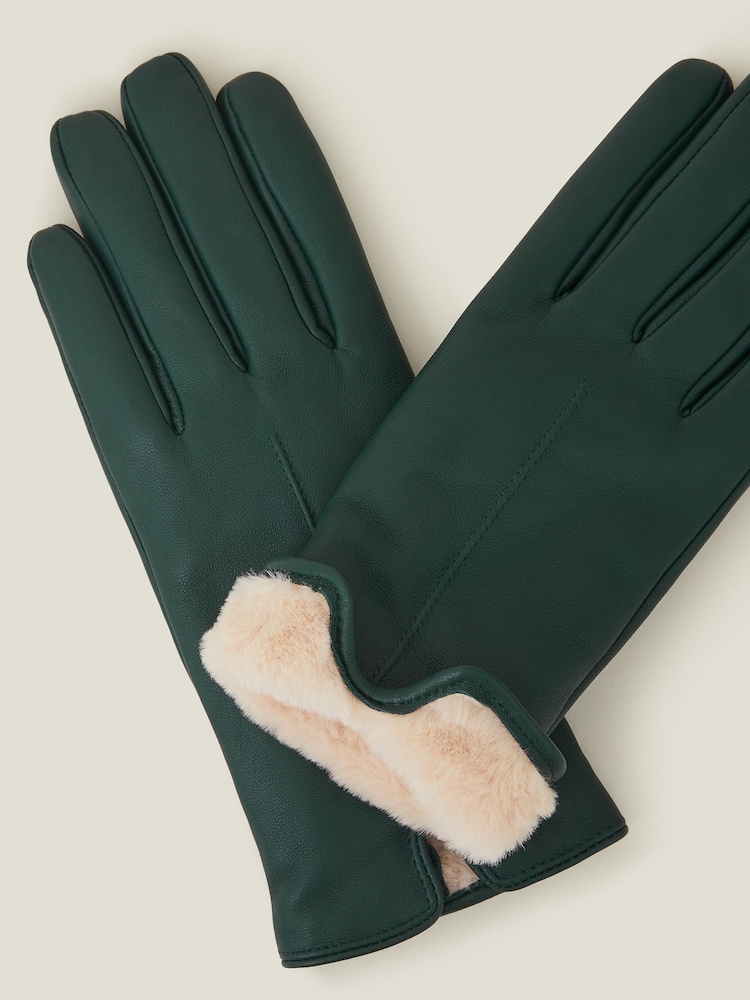 Accessorize Green Faux Fur Lined Leather Gloves - Image 2 of 2