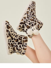 Accessorize Animal Faux Fur Leopard Print Boot Slippers - Image 1 of 4