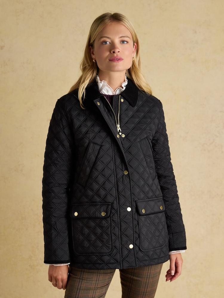 Joules Beatrix Black Showerproof Diamond Quilted Coat - Image 1 of 11 Joules Beatrix Black Showerproof Diamond Quilted Coat - Image 1 of 11