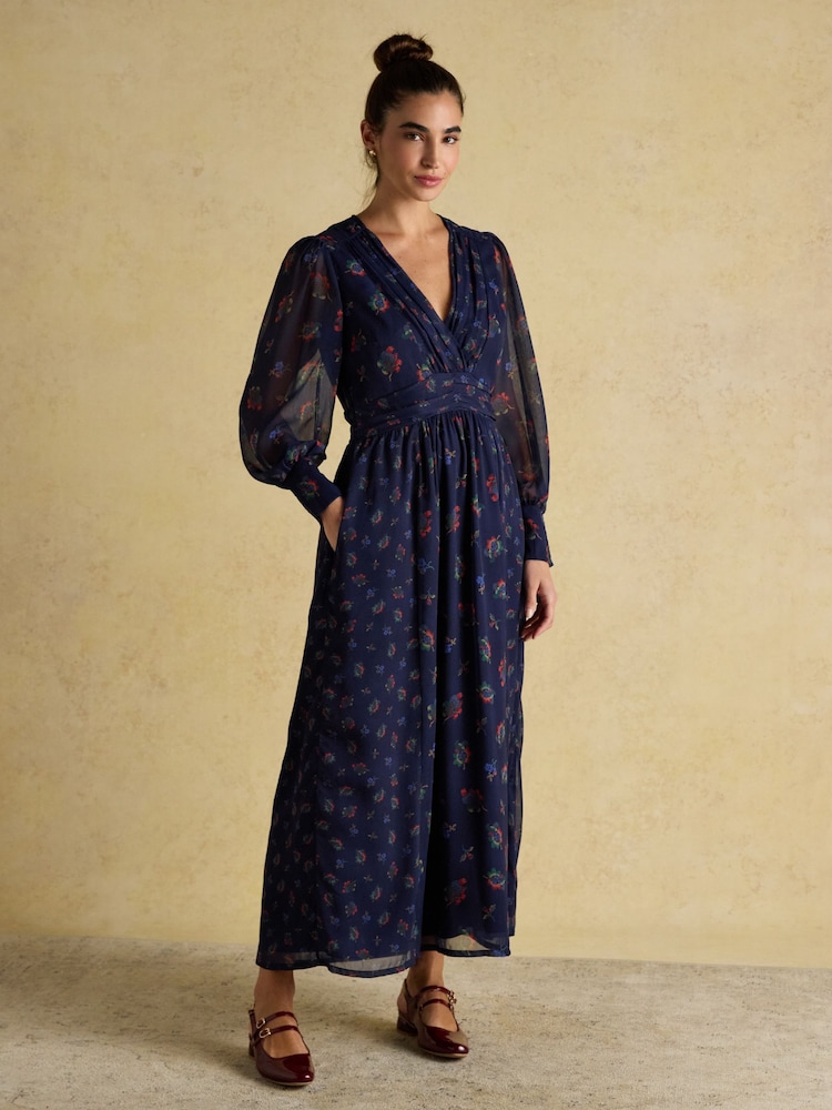 Joules Allegra Navy Ruched Hotchpotch Wrap Dress - Image 1 of 9 Joules Allegra Navy Ruched Hotchpotch Wrap Dress - Image 1 of 9