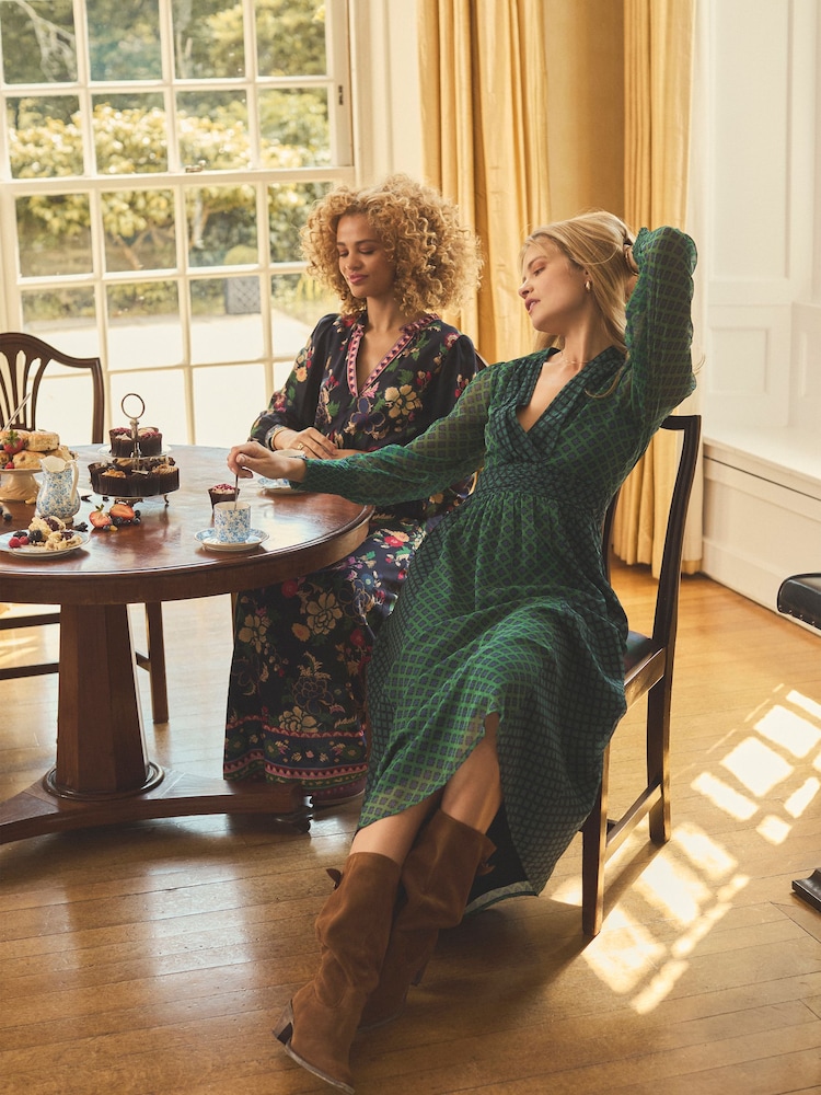 Joules Allegra Green Ruched Hotchpotch Wrap Dress - Image 2 of 10 Joules Allegra Green Ruched Hotchpotch Wrap Dress - Image 2 of 10