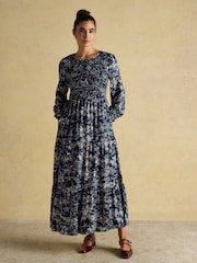 Joules Edna Navy Shirred Midi Dress - Image 1 of 9